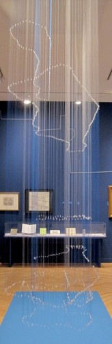 Extruded (an eruv project), Timeline and Map of Manhattan Eruvs from 1907 - 2012, R. Justin Stewart, New York, 2012, Nylon upholstery thread, jewelry hardware, brass hooks in masonite