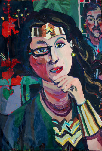 Julie as Wonder Woman, 2013. Acrylic on Paper Mounted on Panel 26' x 40".